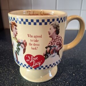 I Love Lucy Cream Ceramic Pedestal Mug with Blue Check Accent